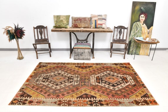 5x8 Area Rug, 5x8 Red & Brown Kilim Rug, 5x8 Kilim Rug, Handmade Wool Rug, 5x8 Rug, Geometric Tribal Style Rug For Living Room Bedroom Foyer