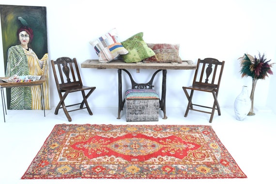 4x7 Persian Rug, 4x7 Vintage Persian Rug, 4x7, Handmade Wool Rug, 4x7 Rugs, Red Yellow Carpet, Mid Century Modern, 4x7 Vintage Rug, Antique