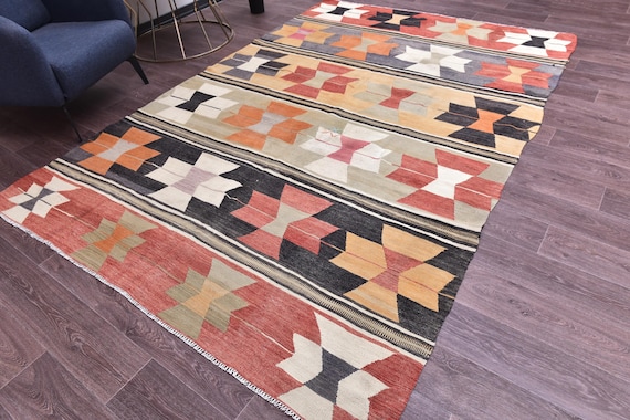 6x9 Vintage Turkish Kilim Rug, Multicolor, 6x9 Handmade Wool Jute Rug, 6x9 Rugs, Traditional Kilim Rug, Farmhouse Decor, 6x9 Kilim Rug,