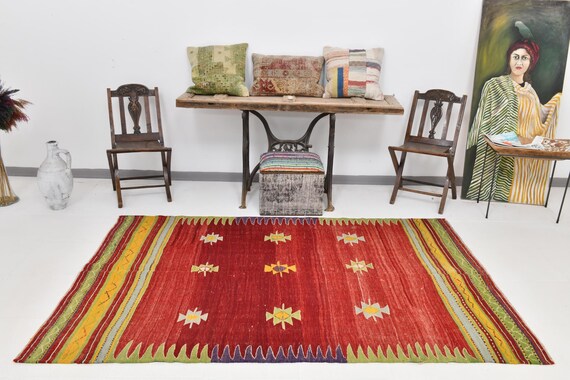 Antique Vintage Turkish Rug, 5x8 Red Large Area Rug, 5x8 Medium Size Rug, 5x8 Rug, 5x8 Striped Rug Soft Wool Handmade Kilim, 5x8 Shaggy Rugs