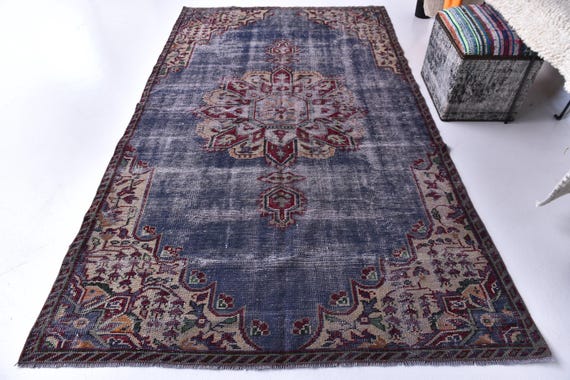 5x8 Vintage Turkish Faded Rug, Burgundy Blue Color, 5x8 Handmade Wool Rug, Living Room Bedroom Rug, 5x8 Antique Medallion Rug, 5x8 Area Rug