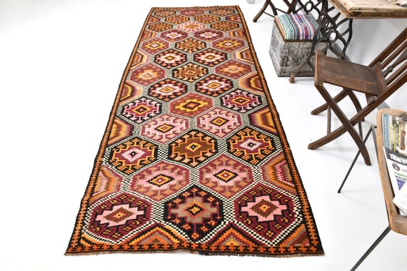 4x11 Runner Rug, 4x11 Long Wide Kilim, 4x11 Vintage Kilim Runner Rug, 4x11, Handmade WoolRug, 4x11 Rug, Burgundy Orange Kilim, Hallway Entry
