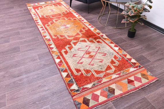 3x11 Vintage Runner Rug, Red Orange Cream Color, Handmade Wool Rug, 3x11 Hallway Kithcen Rug, Soft Wool Rug 3x11 Traditional Runner Rug