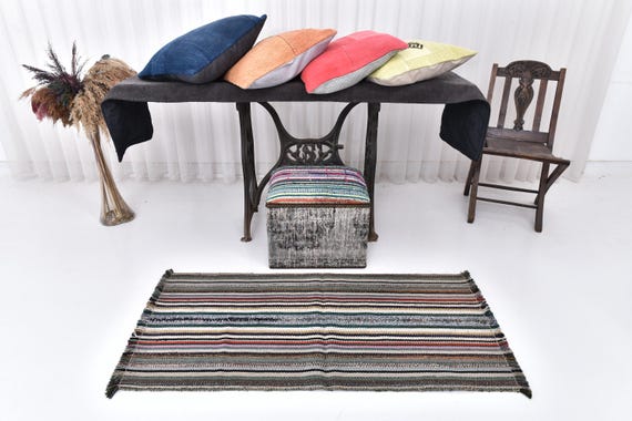 2x4 Narrow Hallway Runner Rugs,  Wool Handmade Kilims, Modern Striped Kilim Runner Rug, Shades Of Beige Gray Kilim, Vintage Turkish Runner