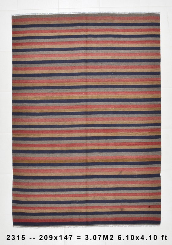 5x7 Area Rug, 5x7 Turkish Kilim, 5x7 TURKISH VINTAGE KILIM Rug, 5x7, Modern & Striped Style, Wool Handwoven Oushak, Navy Blue Red Kilim, 60s