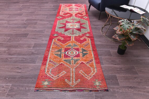 3x10 Vintage Soft Peach Runnner Rug, Handmade Wool,  Peach Gray Color 3x10 Hallway Kithcen Runner Rug