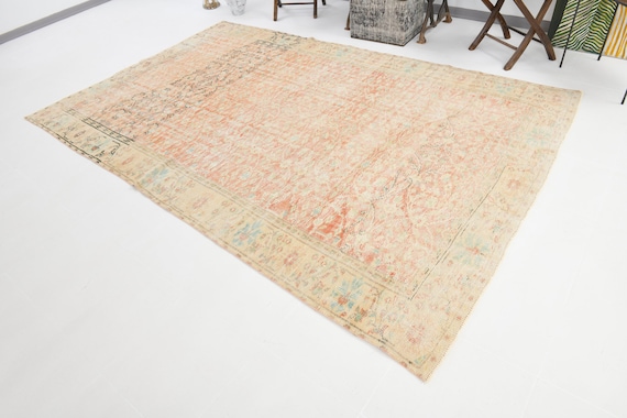 7x10 Vintage Faded Rug, Handmade Traditonal Rug, 5x7 Oriental Area Rug, Salmon Beige Rug, 5x7 Floral Border Rug, Boho Farmhouse Rug