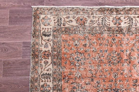 7x10 Vintage Turkish Area Rug, 7x10 Salmon, Green Color, Farmhouse Decor, Handwoven Wool Rug, 7x10 Area Rug, 7x10 Living Room Rug Floral Rug