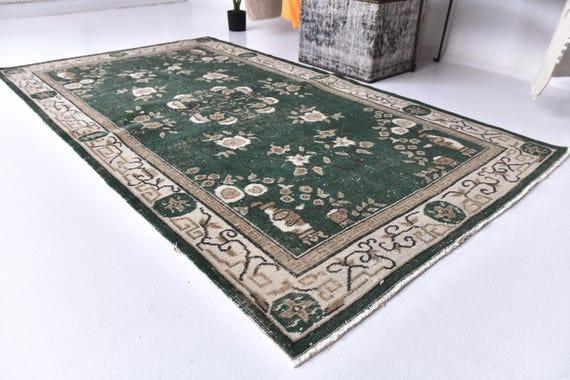 4x7 LOTR Rohan Green Rug, Vintage Forest Green Rug, 4x7 Floral Area Rug, Handmade Area Rug, 4x7 Rug, Bedroom Rug, Turkish Green Color Rug,