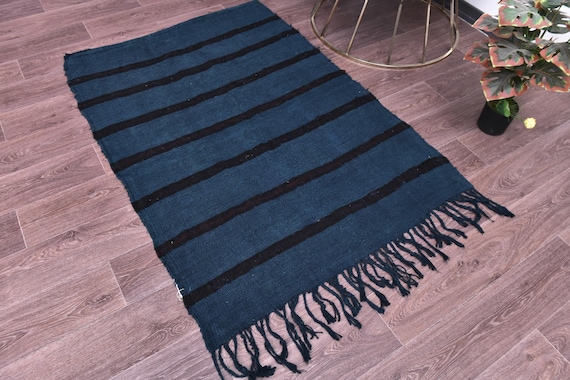 3x5 Authentic Accent Hemp Kilim Rug, 3x5 indigo Blue Color, Handmade Oriental Rug, 3x5 Area Rug, Vintage Rug, 3x5 Turkish Kilim Rug