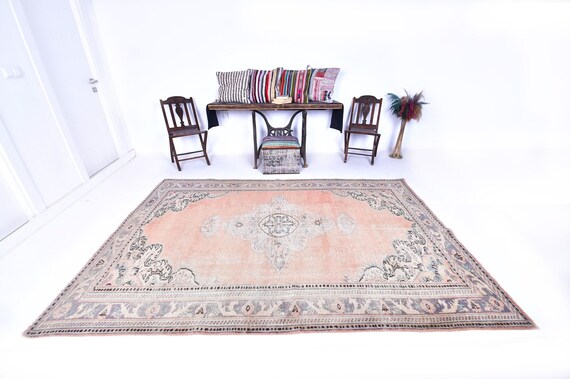 6x9 Area Rug, 6x9 Oriental Vintage, 6x9 Pale Orange Pastel Vintage Rug, 6x9, Wool Handmade Aesthetic, 6x9 Rugs, Rug For Living Room Bedroom