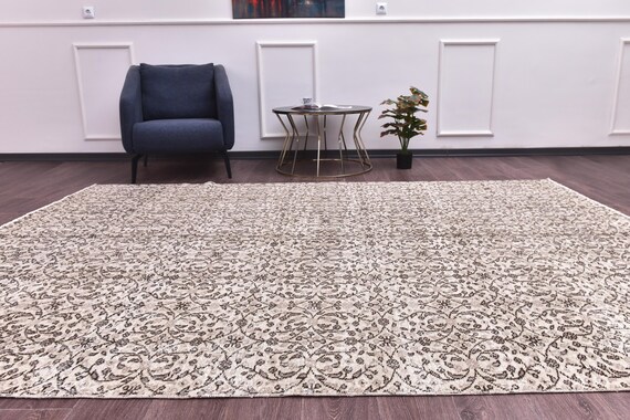 7x10 Vintage Faded Floral Rug, Cream Black Color, 7x10 Handmade Wool Rug, Farmhouse Rug, 7x10 Oriental Faded Rug, living Room Rug