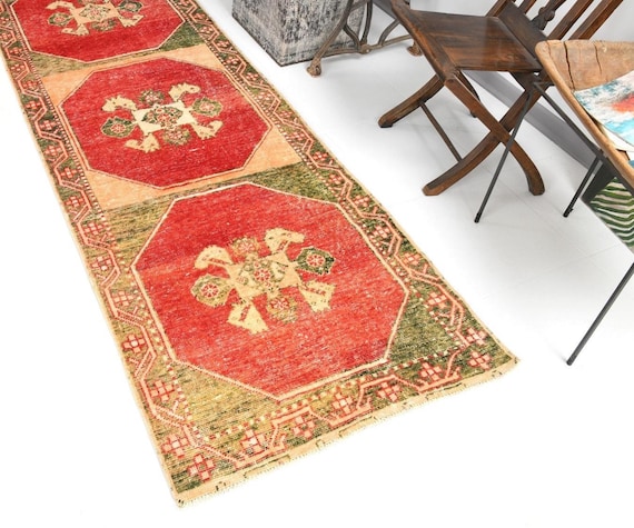 3x12 Vintage Runner Rug, 3x12 Red & Sage Green Persian Runner Rug, 3x12 Rug, Long Handmade Rug, 3x12 Vintage Runner, Rug For Hallway Entry