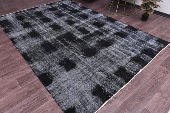 6x9 Vintage Faded Turkish Rug, Handmade Wool Rug, 6x9 Distressed Black Gray Color, Ethnic Patterned Rug, Farmhouse Rug, 6x9 Living Room Rug