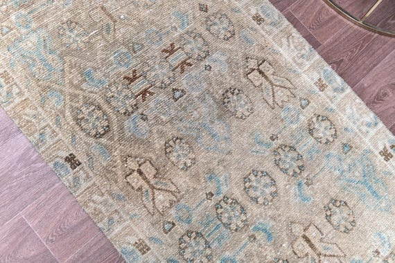 3x8 Antique Persian Heriz Runner Rug, Brown Blue Rug Handmade Wool Rug, 3x8 Faded Hallway Rug, 3x8 Accent Rug,  3x8 Rug, Persian Hallway Rug