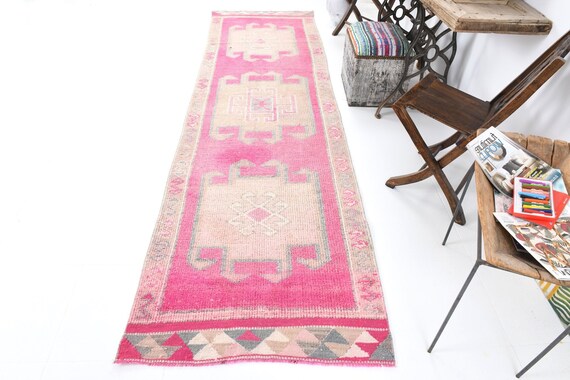 3x11 Runner Rug, 3x11 Soft Pink Vintage Runner Rug, 3x11 Vintage Runner, Handmade Wool Rug, 3x11 Rugs, Pink & Beige Runners, Hallway Entrwy