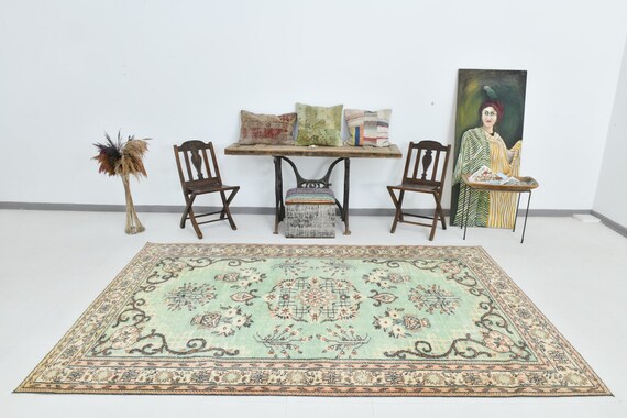6x10 Classic Oriental Turkish Vintage Rug, 6x10, Vintage Area Rug, Wool Handmade Oushak, 6x10 Area Rug, Shades Of Green Vintage, Antique 58s