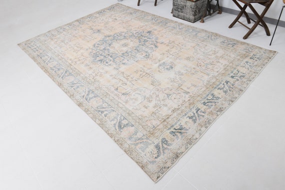7x11 Oversize Turkish Rug, Distressed Turkish Cream and Navy Blue Area Rug Oversize Area Rug Faded Antique 1962s Carpet Rug Living Room Rugs