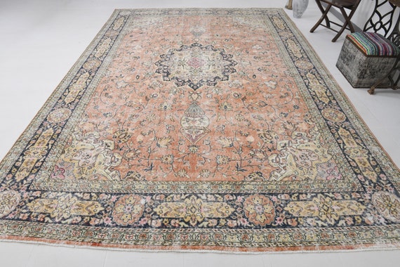 9x13 Distressed Medallion Area Rug, 9x13 Vintage Stile Oriental Floral Oversize Persian Rug, 9x13 Red Distressd Persian Rug ,
