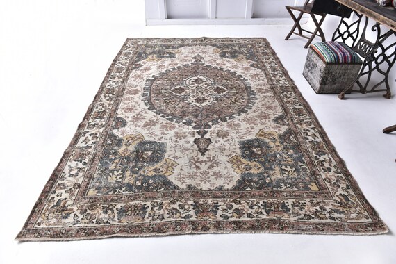 7x10 Dark Green Brown Unique Rug, 7x10 Oversize Unique Rug, Large Area Rug, Heriz Handmade Wool Rug, 7x10 Rug, Unique Rug 7x10, Antique