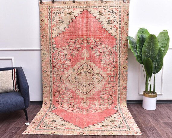5x10 Vintage Handmade Pale Red Distressed Medallion Turkish Rug