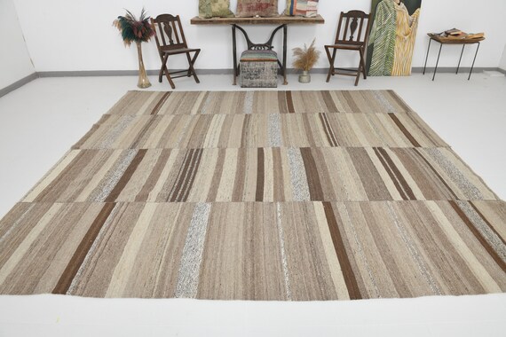 10x11 Brown Beige Hand Knotted Kilim, Oversize Kilim Rug, Extra Large Handmade Rug, 10x11 Rug, Bohemian Eclectic Style, Rug For Living Room
