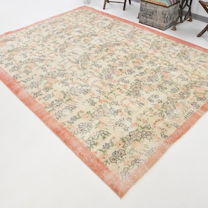 7x10 Turkish Terracotta Border Rug, 7x10, Oversize Rug, Vintage Area Rug, 7x10 Area Rug, Handmade Wool Rug, Unique Rug, Neutral Color, 7x10