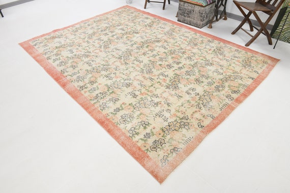 7x10 Turkish Terracotta Border Rug, 7x10, Oversize Rug, Vintage Area Rug, 7x10 Area Rug, Handmade Wool Rug, Unique Rug, Neutral Color, 7x10