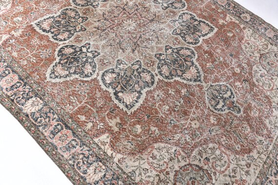 7x10 Brick Red Blue Persian Rug, Oversize Persian Rug, Large Area Rug, 7x10 Rugs, Washable Rug, Mid Century Modern, Persian Rug 7x10,Antique