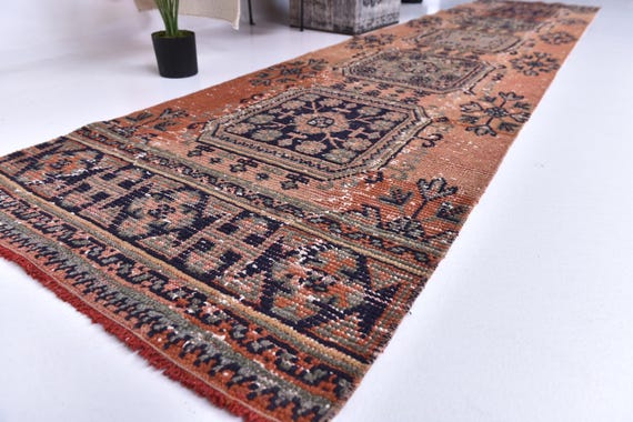 2x12 Vintage Turkish Runner Rug, Terracotta Green Color Rug, 2x12 Handmade Wool Rug, 2x12 Hallway Runner, 2x12 Kitchen Runner Entryway Decor