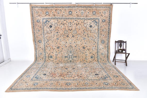 9x13 Cream Blue  Unique Rug, Extra Large Area Rug, 9x13 Rugs, Handmade Wool Unique Rug, 9x13 Unique Rug, Rug For Living Room