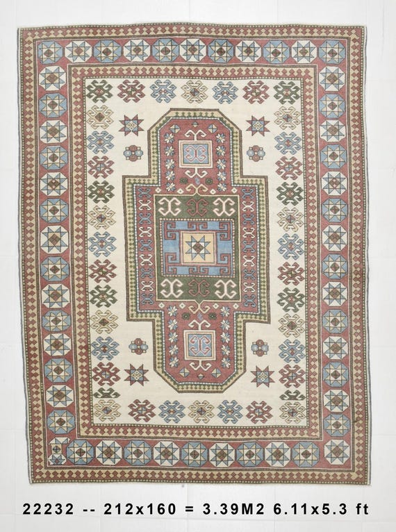 5x7 Authentic Turkish Rug, Handmade Turkish Pastel Color Rug, 5x7 Oushak Rug, Vintage Area Rug, Geometric Patterned Rug, 5x7 Area Rug