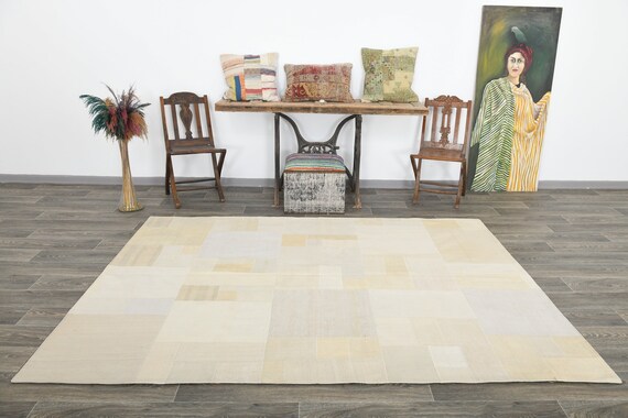 6x8 Cream & Beige Kilim Patchwork Rug, 6x8 Kilim Patchwork, 6x8, Neutral Handmade Kilim, 6x8 Rug, Chess Modern Style, Rug For Bedroom, 59s