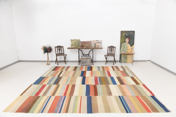 10x11 Oversize Turkish Vintage Kilim Rug, 10x11, Large Area Rug, 10x11 Rugs, Wool Handmade Kilim, Multicolor & Rainbow Kilim, Traditional