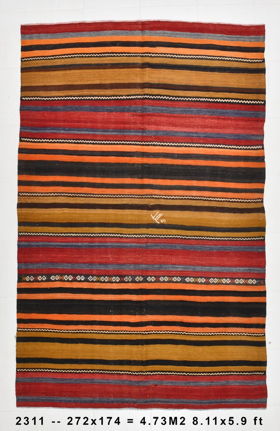 6x9 Area Rug, 6x9 Vintage Kilim, 6x9 TURKISH VINTAGE KILIM Rug, 6x9, Shades Of Bold Color Kilim, Classic Striped Style, Area Rug 6x9, 59s