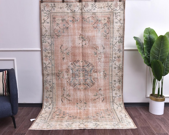 5x9 Vintage Distressed Terracotta Medallion Handmade Floral Cream Rug, Outlet