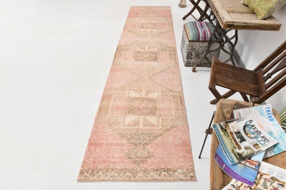 Handmade Wool Turkish Runner Rug: Mid-Century Modern, Brown Pink (3x12)