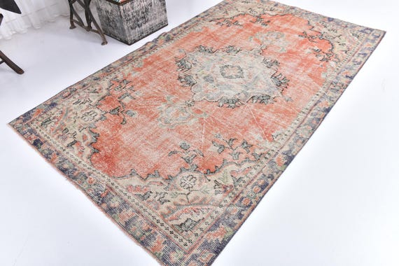 5x8 Faded Vintage Area Rug, Muted Orange Green Color, 5x8 Handmade Wool Rug, 5x8 Living Room Bedroom Rug, 5x8 Vintage Rug, Farmhouse Rug