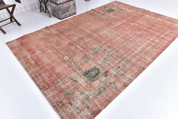 7x10 Scarlet & Green Floral Unique Style Rug, 7x10 Retro Designed Handmade Wool Rug, 7x10 Washable Rug, 7x10 Extra Large Vintage Area Rug,