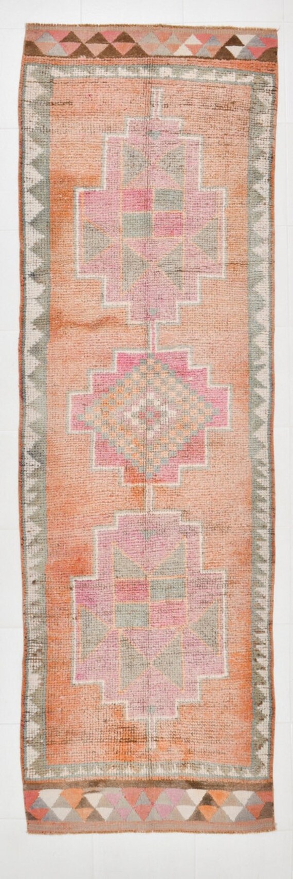 3x10 HERKI VINTAGE RUNNER Rug, 3x10,  3x10 Vintage Runner, Handmade Oushak Rug, Shades Of Orange, Geometric Stair Carpet, Entrway Hall Rugs