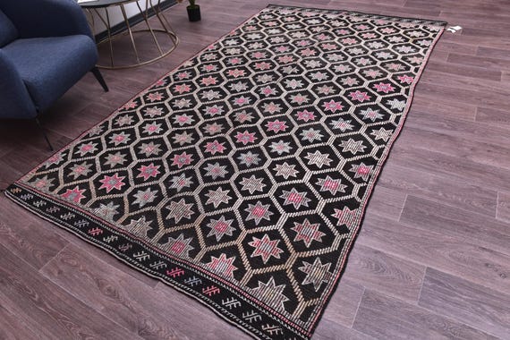 5x9 Vintage Turkish Kilim Rug, Handamade Wool Jute Kilim Rug, 5x9 Black Cream Pink Color, 5x9 Traditional Kilim Rug, Star Pattern Rug,