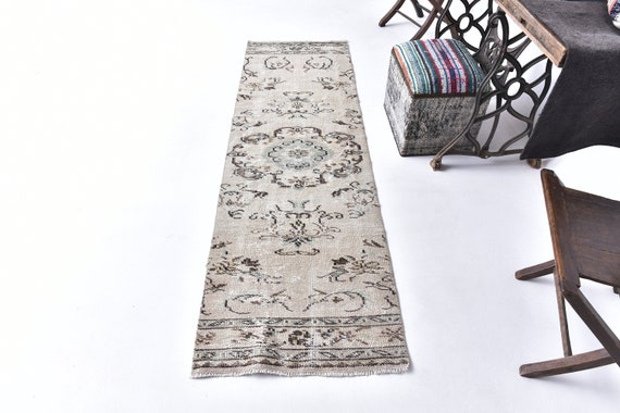 2x8 Runner Rug, 2x8 Turkish Runner, 2x8 Short Narrow Turkish Runner Rug, Oushak Handmade Wool Rug, 2x8 Rug, Shades Of Light Green, Gifts