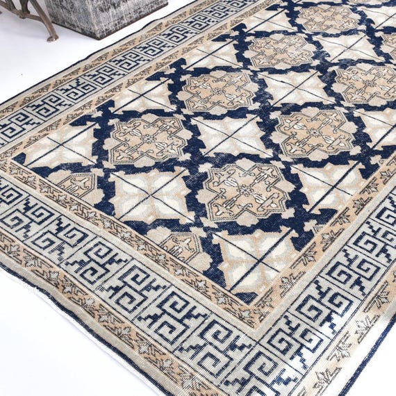 6x9 Vintage Turkish Area Rug, 6x9 Blue & Gold Area Rug, 6x9 Marble Looking Area Rug, 6x9 Soft Wool Handmade Area Rug, 6x9 Geometric Designed