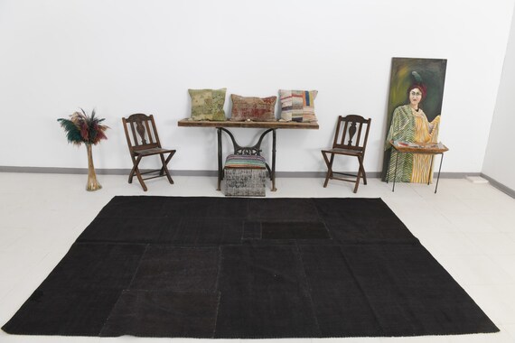 7x10 Dark Gray Black Oversize Hemp Rug, Oversize Hemp Rug, Large Handmade Area Rug, 7x10 Rug, Pastel Eclectic Style, 7x10 Vintage Rug, 58s