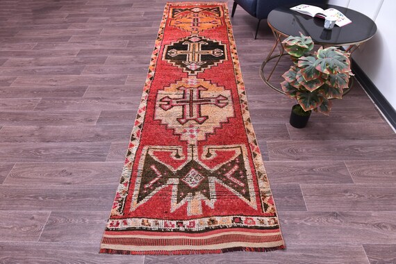 3x11 Vintage Wool Runner Rug, Red Black Color, Handmade Wool Rug, 3x11 Hallway Kithcen Rug, Soft Wool Rug 3x11 Traditional Runner Rug