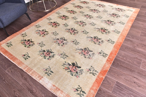 6x8 Vintage Floral Rug, 5x8 Faded Area Rug, Peach Green Color, 6x8 Handmade Wool Rug, Living Room Bedroom Rug, 6x8 Turkish Area Rug