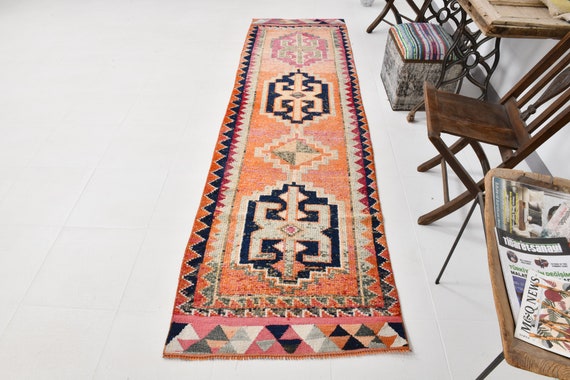 3x10 Rug, 3x10 Orange & Blue 1960s Vintage Runner Rug, Handmade Oushak Rug, Vintage Runner, 3x10 Runner Rug, Turkey Rug, Turkish Runner