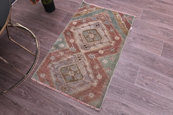 2x4 Vintage Small Rug, Ethnic Pattern Rug, Vintage Accent Rug 2x4, Doormat Rug , Handmade Wool Rug, 2x4 Area Rug, Green Red Color Rug