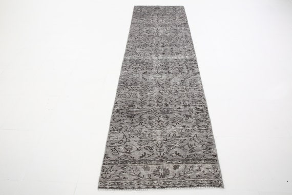 3x9 Turkish Vintage Oushak Runner Rug, Shades Of Gray Black Runners, Farmhouse Plants & Trees, Vintage Turkish Runner 3x9, Rug For Patio 59s