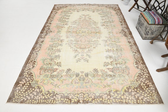 6x10 Rug, Turkish Rug, Beige Vintage Rug, 6x10 Area Rug, 6x10 Oushak Rug, Handmade Soft Rug, Bohemian Vintage Rug, Floral Carpet ,6.4x10.3